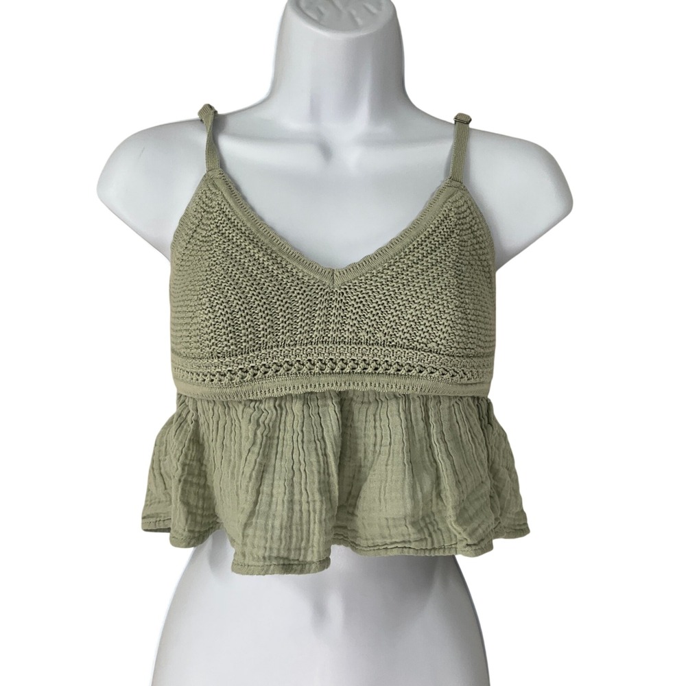 Hollister Sage Green‎ Knit Gauze Peplum Cami Crop Top Smocked XS Fairycore Boho